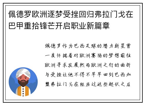 佩德罗欧洲逐梦受挫回归弗拉门戈在巴甲重拾锋芒开启职业新篇章