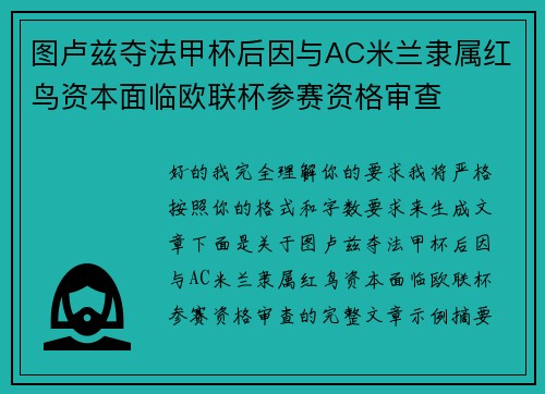 图卢兹夺法甲杯后因与AC米兰隶属红鸟资本面临欧联杯参赛资格审查
