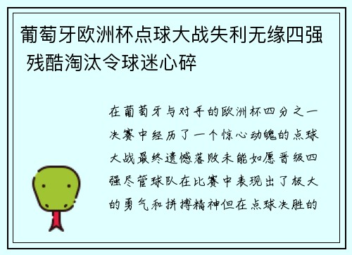 葡萄牙欧洲杯点球大战失利无缘四强 残酷淘汰令球迷心碎